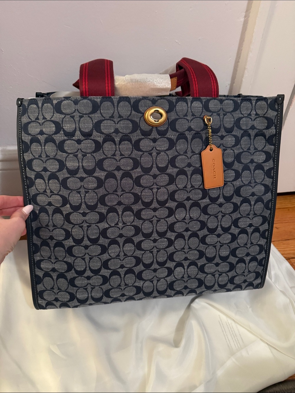 Coach Navy Signature Canvas Tote with Red Straps